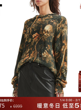 IT R13女装破坏感破洞针织衫新款时髦复古满幅花卉图案宽松毛衣