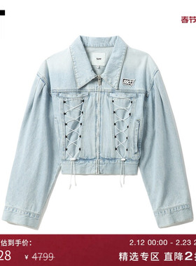 IT SJYP女装翻领拉链牛仔夹克新品复古感绑带细节短外套JM0300XK