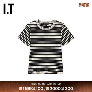 bone女装 条纹短袖 T恤新款 简约竖纹坑修身 时尚 上衣8526XQ rag
