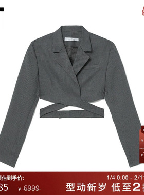 IT ROKH女装千鸟格露腰西装新品摩登甜酷短款西服夹克5CA136XK