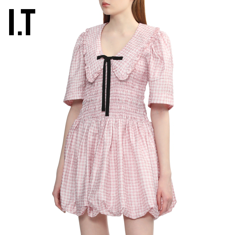 ITGANNI短袖格纹连衣裙