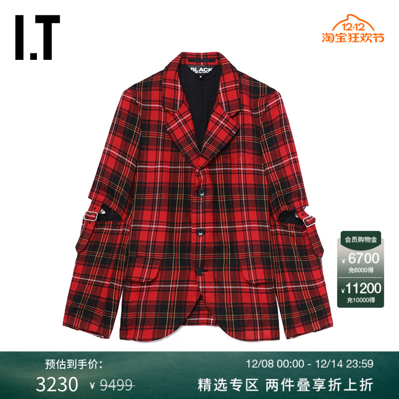 IT挖剪袖格纹西装夹克