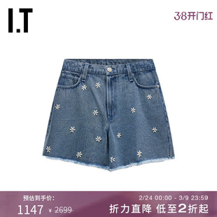 IT rag & bone女装毛边牛仔短裤新款青春少女立体花朵装饰直筒裤