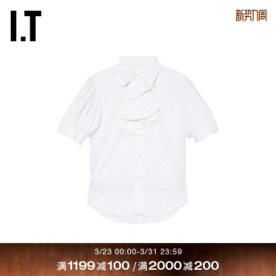 ninomiya女装 kei 短袖 上衣新款 复古文艺风荷叶边领衬衫 noir