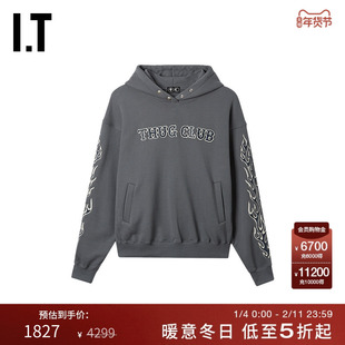 IT THUG CLUB男装连帽卫衣新款暗黑潮流火焰字母图案拼接连帽衫