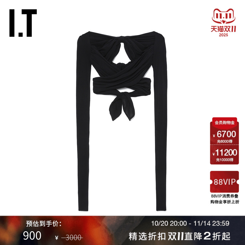 IT长袖上衣镂空交叉系结