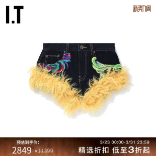 Area 辣妹毛绒拼接合身热裤 Nyc女装 时尚 P21163XJ 刺绣牛仔短裤