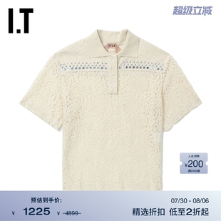 01423AI N21女装 翻领上衣时尚 优雅铆钉缀饰蕾丝宽松半袖