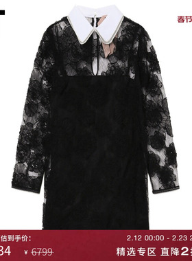 IT N21女装翻领九分袖连衣裙新款优雅气质蕾丝刺绣微透短裙034C0H