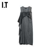 时尚 气质裁布拼接背心裙D11LIGXQ 竖条纹无袖 连衣裙新款 s女装