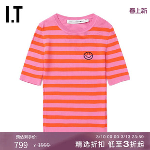 IT JOSHUA SANDERS女装短袖罗纹上衣新款时尚活力修身条纹针织衫