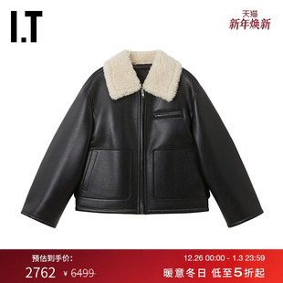 仿皮毛一体夹克新款 STUDIO女装 帅气复古皮革感拉链外套 STAND