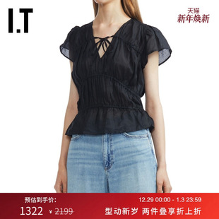 rag 上衣新款 V领系带短袖 简约浪漫微透上衣23PA02XP bone女装