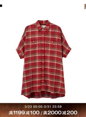 IT R13女装衬衫式短袖连衣裙新款复古文艺风格纹衬衫裙R13WR0XQ