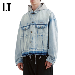 IT We11Done男装拼接连帽牛仔夹克新款复古街潮水洗磨白毛边外套
