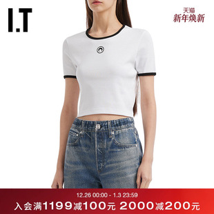 MARINE 青春时尚 SERRE女装 T恤新款 新月刺绣合身短上衣 露脐短袖