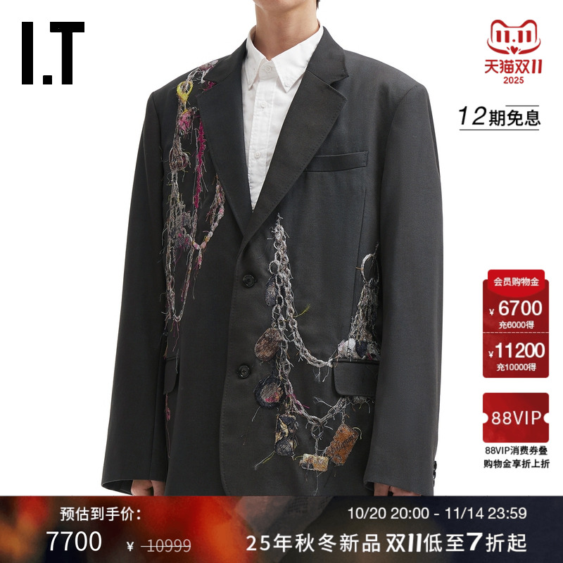 IT doublet男装廓形西装夹克新款时髦摩登链条图案线绣西服外套