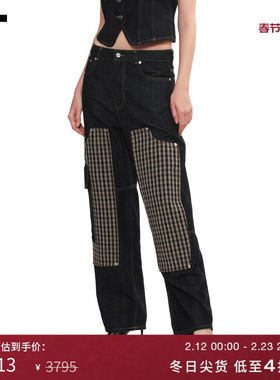 IT GANNI女装阔腿裤牛仔裤新款格纹拼接宽松水桶裤香蕉裤J17655XP