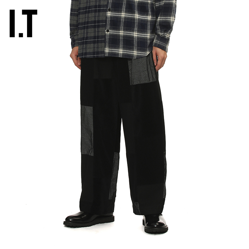 IT裁布拼接阔腿裤长裤复古质感