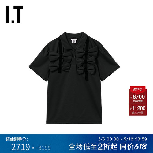 IT noir kei ninomiya女装短袖polo衫新款蝴蝶结缀饰合身纯色上衣