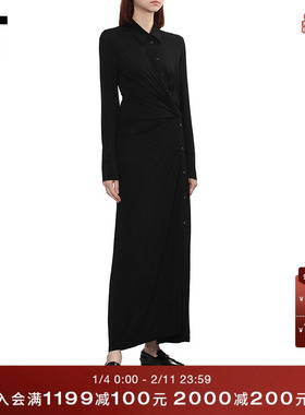 IT HELMUT LANG女装衬衫式连衣裙新款斜门襟排扣褶饰长裙602001XQ