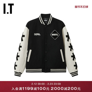 IT F.C.REAL BRISTOL男装毛呢棒球夹克新款皮质袖拼接呢子外套