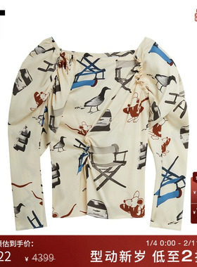 IT REJINA PYO女装泡泡袖上衣新品满幅印花褶饰内搭长袖C416MUXI