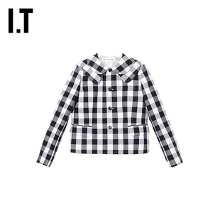 IT CDG COMME des GARCONS GIRL女装叠层领格纹夹克外套复古文艺