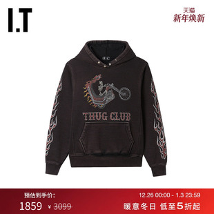 暗黑潮男火焰图案印花连帽衫 做旧连帽卫衣新款 CLUB男装 THUG