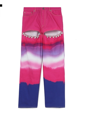 IT Area Nyc女装牛仔阔腿裤新品设计感水钻缀饰晕染挖剪长裤46215