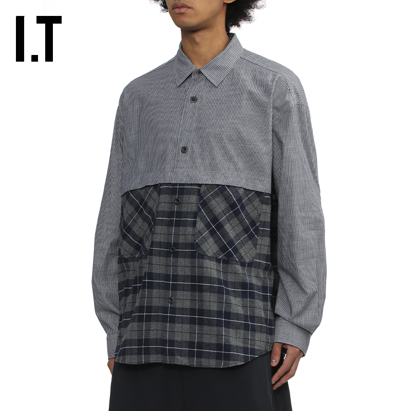IT格纹条纹拼接衬衫复古文艺