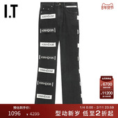 KIMHEKIM女装 logo缝饰长裤 修身 新款 时尚 微喇牛仔裤 个性 16BKXM