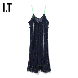 IT SJYP女装吊带连衣裙时尚趣味图案满印木耳边饰中长裙P190WXE