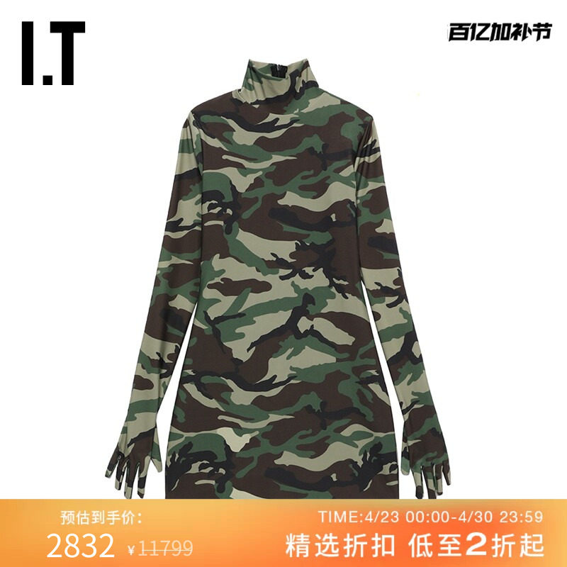 IT VETEMENTS女装高领连衣裙新品时髦迷彩印花带手套修身短裙220K