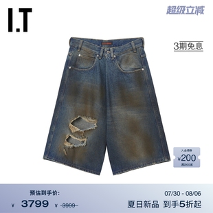 寬松破洞牛仔短褲 新款 LUU 復(fù)古街潮做舊闊腿褲 03DAWDMO DAN男裝