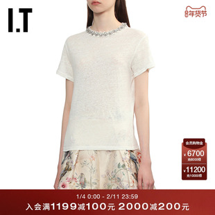 IT ZIMMERMANN女装合身短袖T恤新款水钻领口缀饰微透内搭6700TCXQ