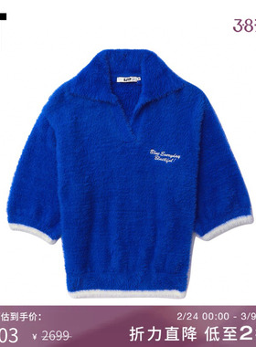 IT SJYP女装翻领半袖针织衫新款时尚靓丽软糯毛绒薄毛衣TO0400XL