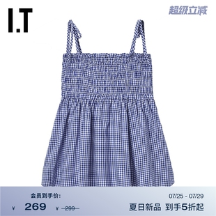 甜美少女缩褶吊带衫 细格纹吊带上衣新款 WITTH 8006AUO LOVE女装