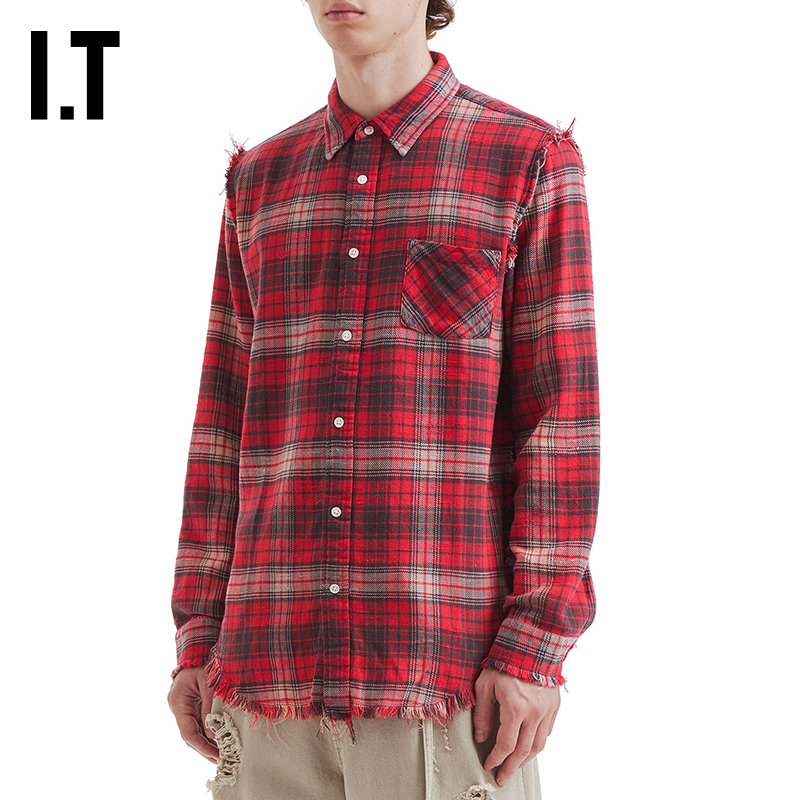 ITR13毛边格纹长袖衬衫休闲复古