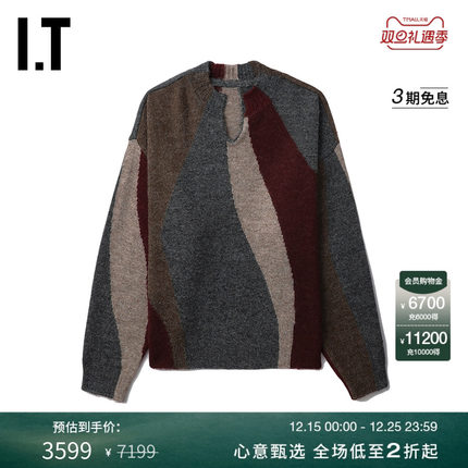 IT ADER error女装U领针织衫新款复古文艺几何拼色薄毛衣T302BRXL