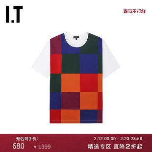 IT CDG COMME des GARCONS HOMME PLUS男彩色方格裁布拼接短袖T恤