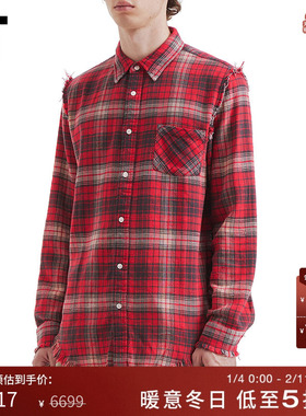 IT R13男装毛边格纹长袖衬衫新款休闲复古宽松格子上衣008W25MP