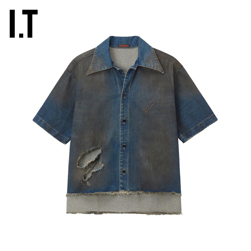 IT LUU DAN男装破洞牛仔短袖衬衫新款复古潮酷做旧毛边外搭DAWDMO