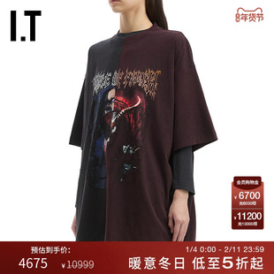 IT VETEMENTS女装中长款短袖T恤新款潮流暗黑拼色拼接印花半袖