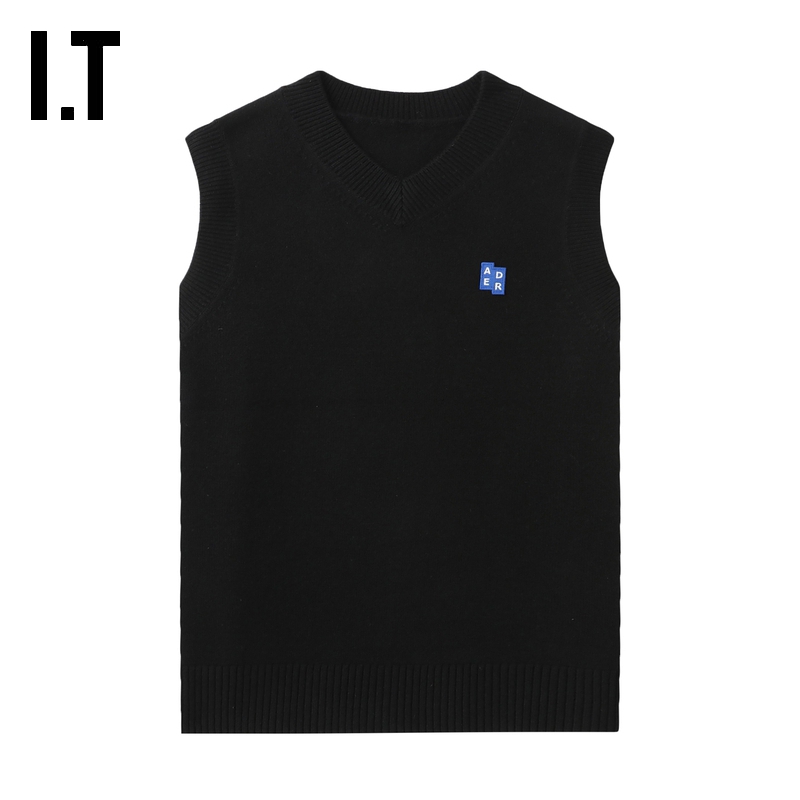 IT ADER error女装V领针织背心新款简约学院风纯色毛背心YKT1BKAO