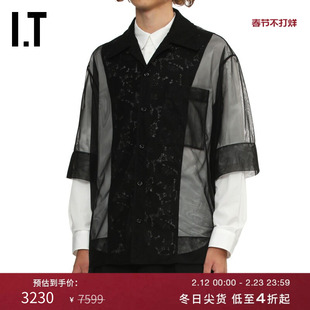 IT Simone Rocha男装网纱透视短袖衬衫新款时髦摩登蕾丝拼接上衣