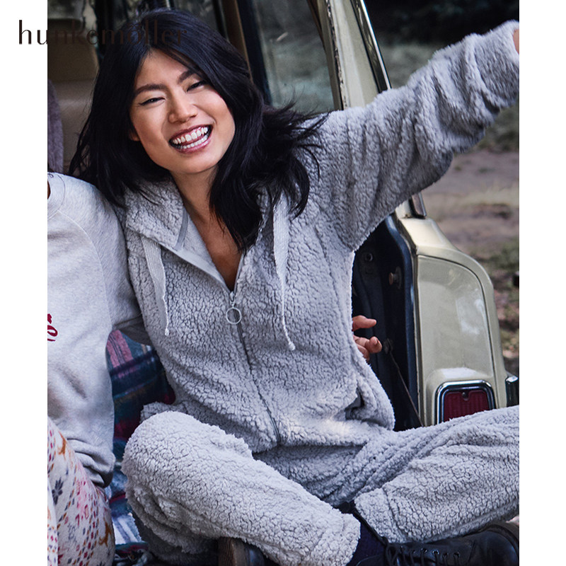 hunkemoller2020连帽保暖舒适长袖长裤抓绒连体睡衣起居家居服女