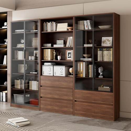 实木书柜一体整墙家用客厅储物展示柜带玻璃门现代简约组合柜定制