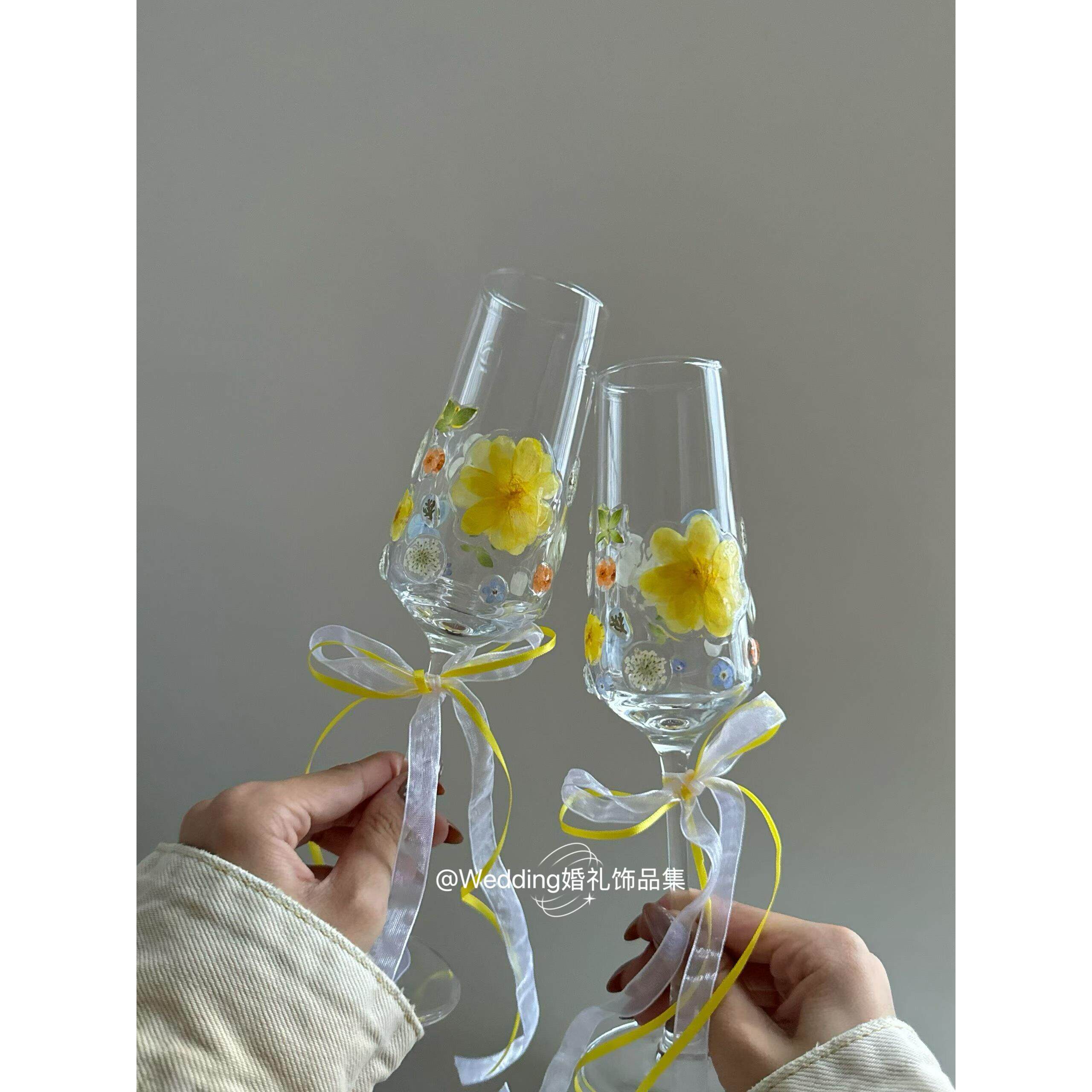 婚礼干燥花高脚杯香槟杯干花花朵杯手工玻璃杯森系敬酒杯新婚礼物