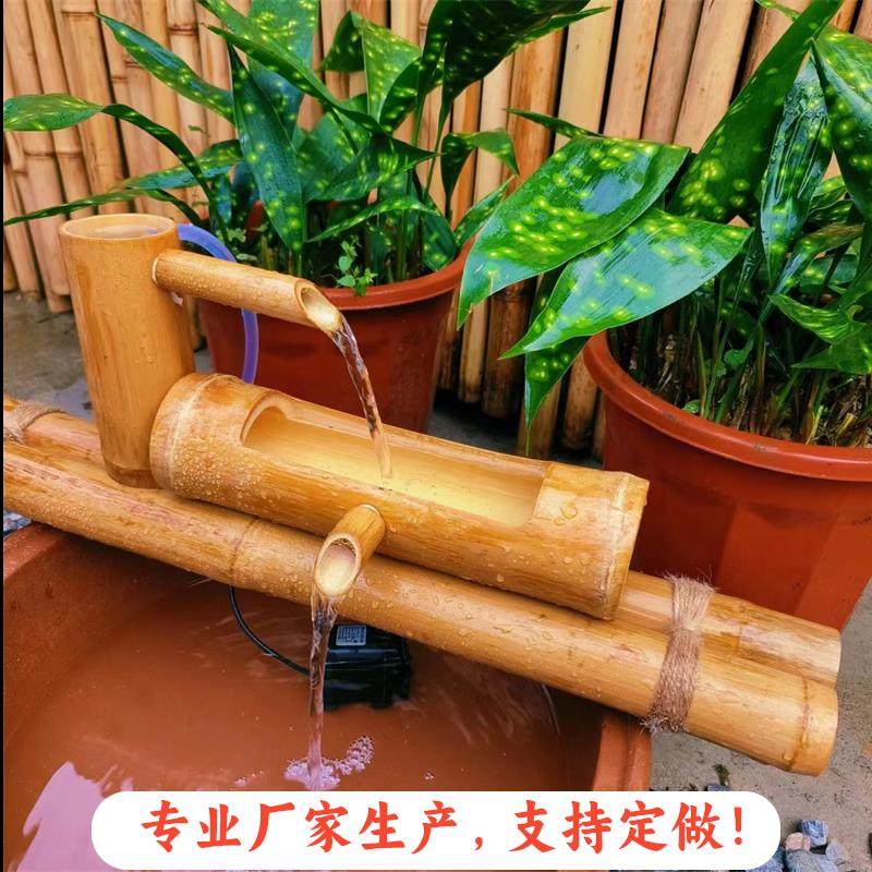 竹流水摆件水循环鱼缸置物架养鱼过滤增氧石头槽竹水勺水瓢造雾
